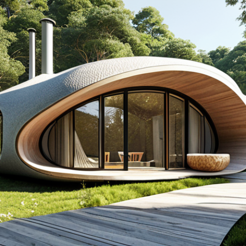 Home 11 A biomimicry-designed house inspired by nature's forms, showcasing sustainable architecture that blends seamlessly with the environment. Focus on natural materials and eco-friendly processes.