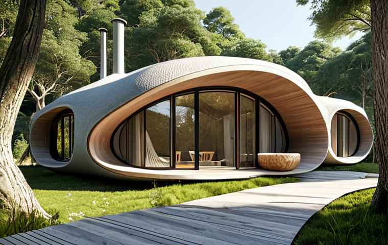 A biomimicry-designed house inspired by nature's forms, showcasing sustainable architecture that blends seamlessly with the environment. Focus on natural materials and eco-friendly processes.