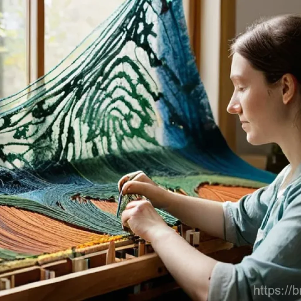 생체모방 예술의 매체 사용 - **Prompt 1: "Nature's Intricate Textile Artist"**
    A female textile artist, in her early 30s, wit...