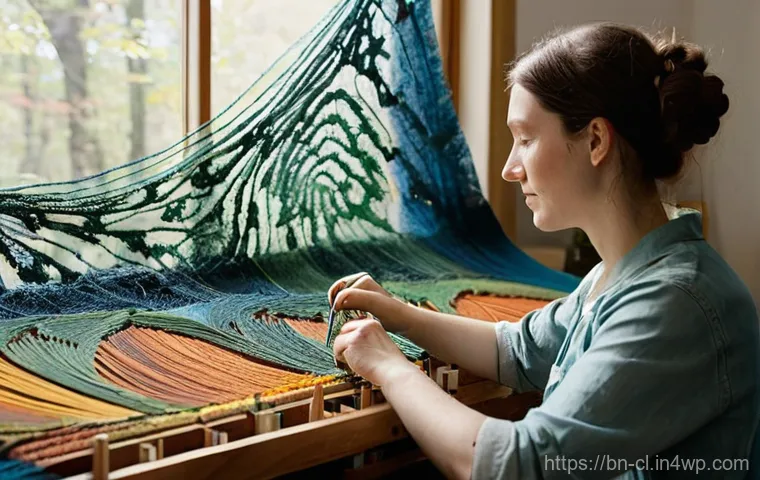 생체모방 예술의 매체 사용 - **Prompt 1: "Nature's Intricate Textile Artist"**
A female textile artist, in her early 30s, wit...