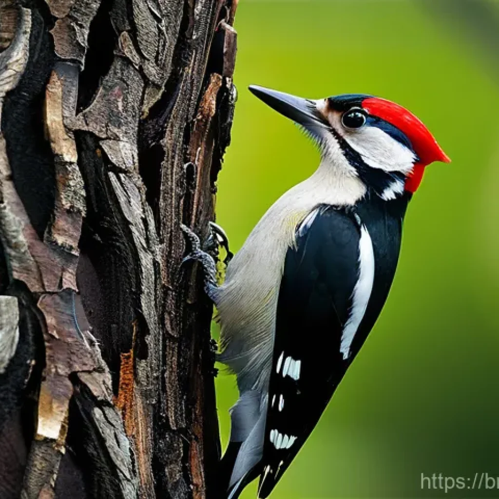 생체모방 예술의 기술적 발전 - **Prompt:** A dynamic, high-resolution shot capturing the powerful moment a woodpecker rapidly pecks...