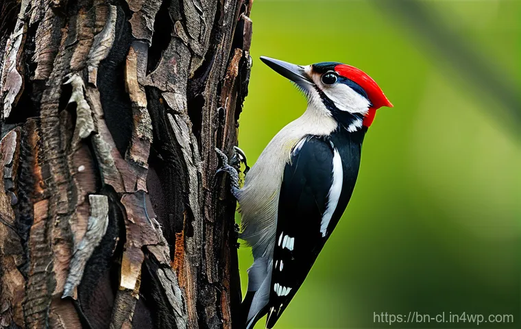 생체모방 예술의 기술적 발전 - **Prompt:** A dynamic, high-resolution shot capturing the powerful moment a woodpecker rapidly pecks...