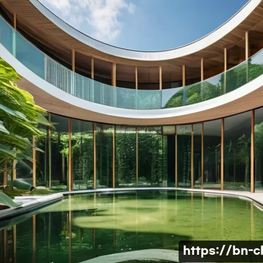 생체모방 예술의 글로벌 협력 - **"A grand, modern architectural complex, seamlessly integrated into a lush green landscape. The bui...