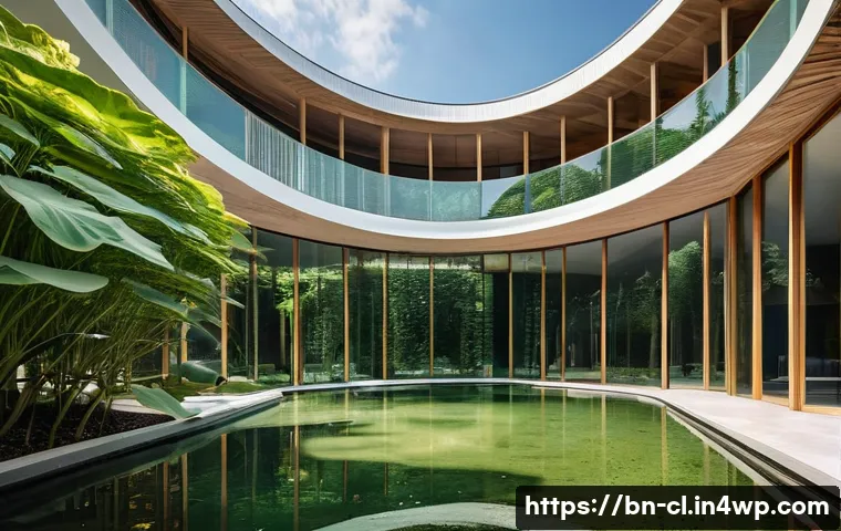 생체모방 예술의 글로벌 협력 - **"A grand, modern architectural complex, seamlessly integrated into a lush green landscape. The bui...