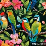 생체모방 예술의 상징적 형태 - A vibrant close-up of colorful birds perched on blossoming spring trees, showcasing intricate feathe...