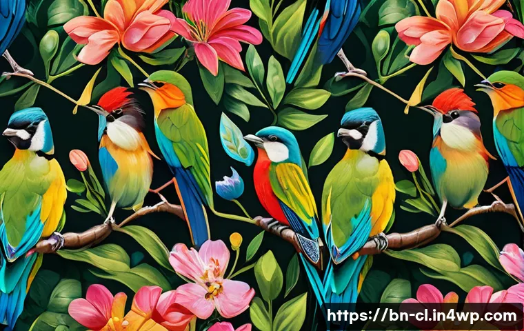 생체모방 예술의 상징적 형태 - A vibrant close-up of colorful birds perched on blossoming spring trees, showcasing intricate feathe...