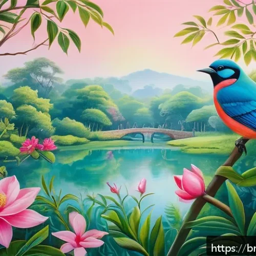 생체모방 예술의 전통과 혁신 - A vibrant, detailed painting of a lush garden scene inspired by Bengali nature, featuring soft pink ...