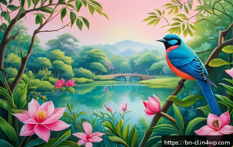 생체모방 예술의 전통과 혁신 - A vibrant, detailed painting of a lush garden scene inspired by Bengali nature, featuring soft pink ...