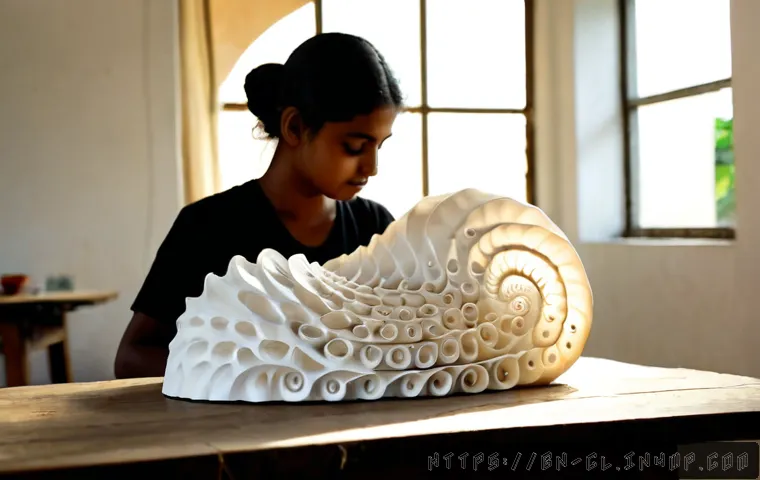 Home 17 생체모방 예술의 패러다임 전환 - Photorealistic contemporary art studio in Bangladesh, a Bengali artist shaping a flowing ceramic scu...