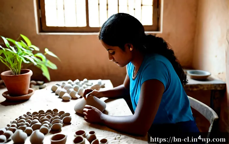 Home 17 생체모방 예술의 윤리적 접근 - Photorealistic Bengali female artist in a bright, sustainable studio, carefully sculpting a delicate...